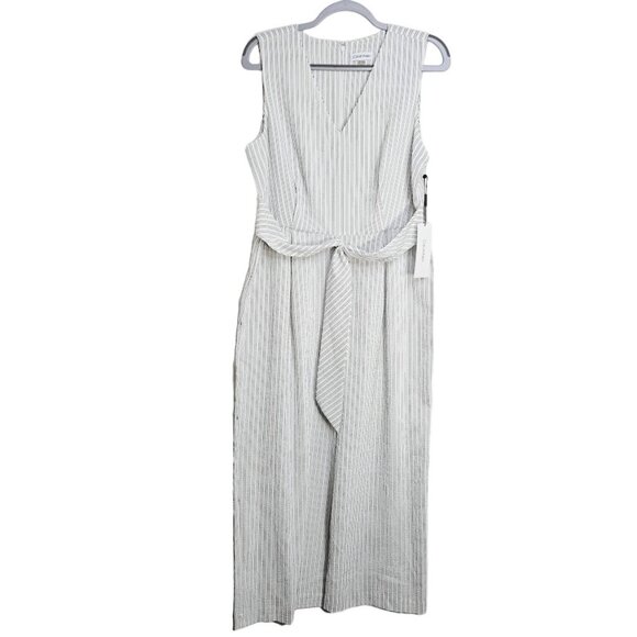 Calvin Klein Pants - NWT CALVIN KLEIN Wide Leg Sleeveless Jumpsuit WHITE w BLACK STRIPES size 12 Belt